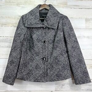 Talbots Women's Black White Plaid Wool Blend Funnel Neck‎ Blazer Jacket Size 12